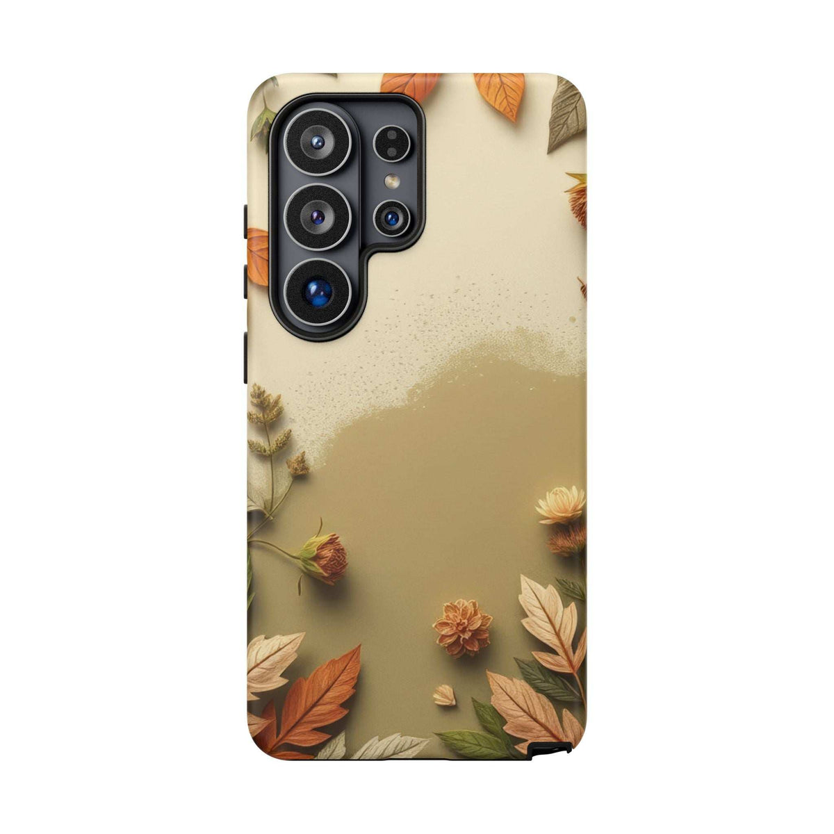 Beige autumn leaves phone case with large camera module and protective cutout