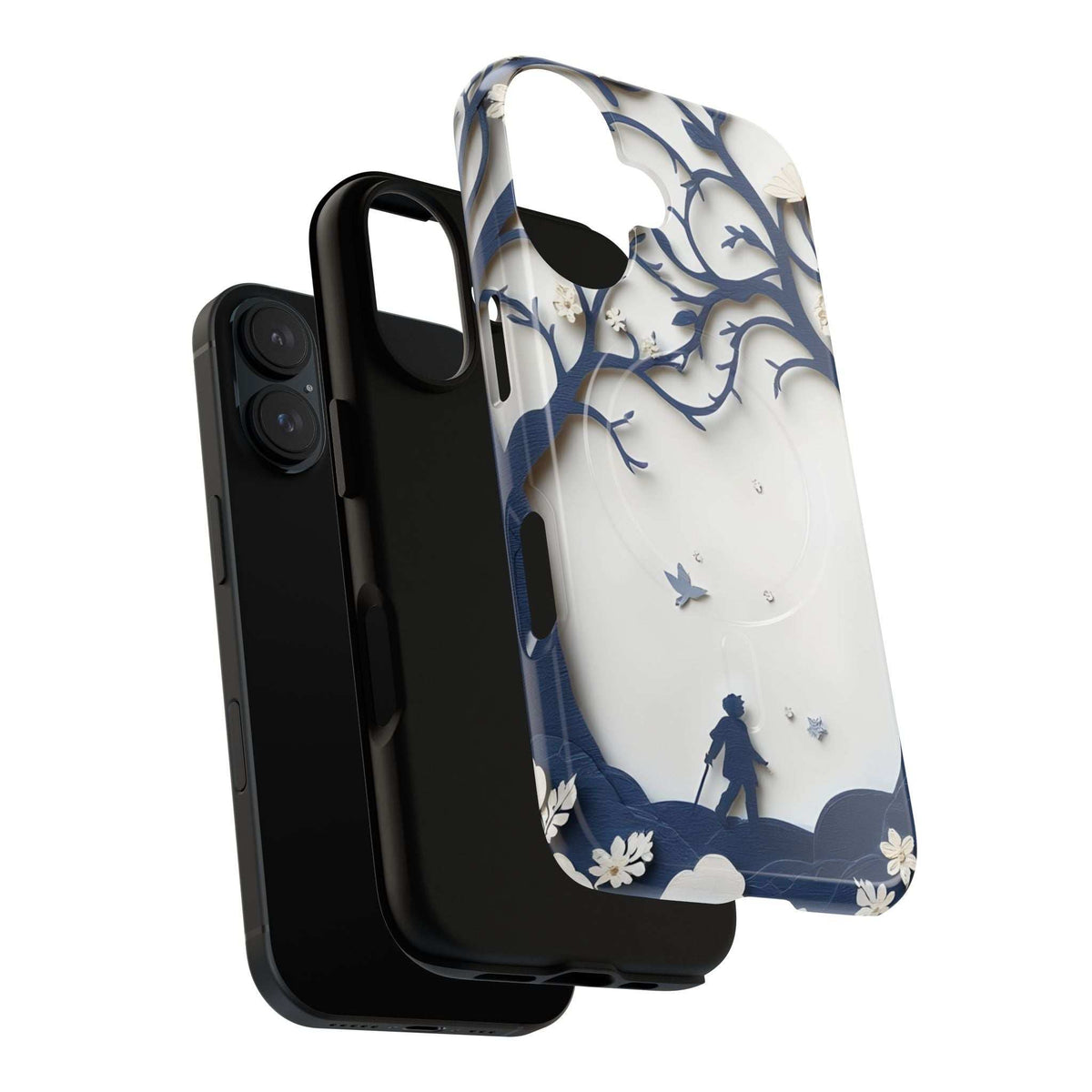Phone case with blue trees and hanging shapes, plus small bird silhouettes