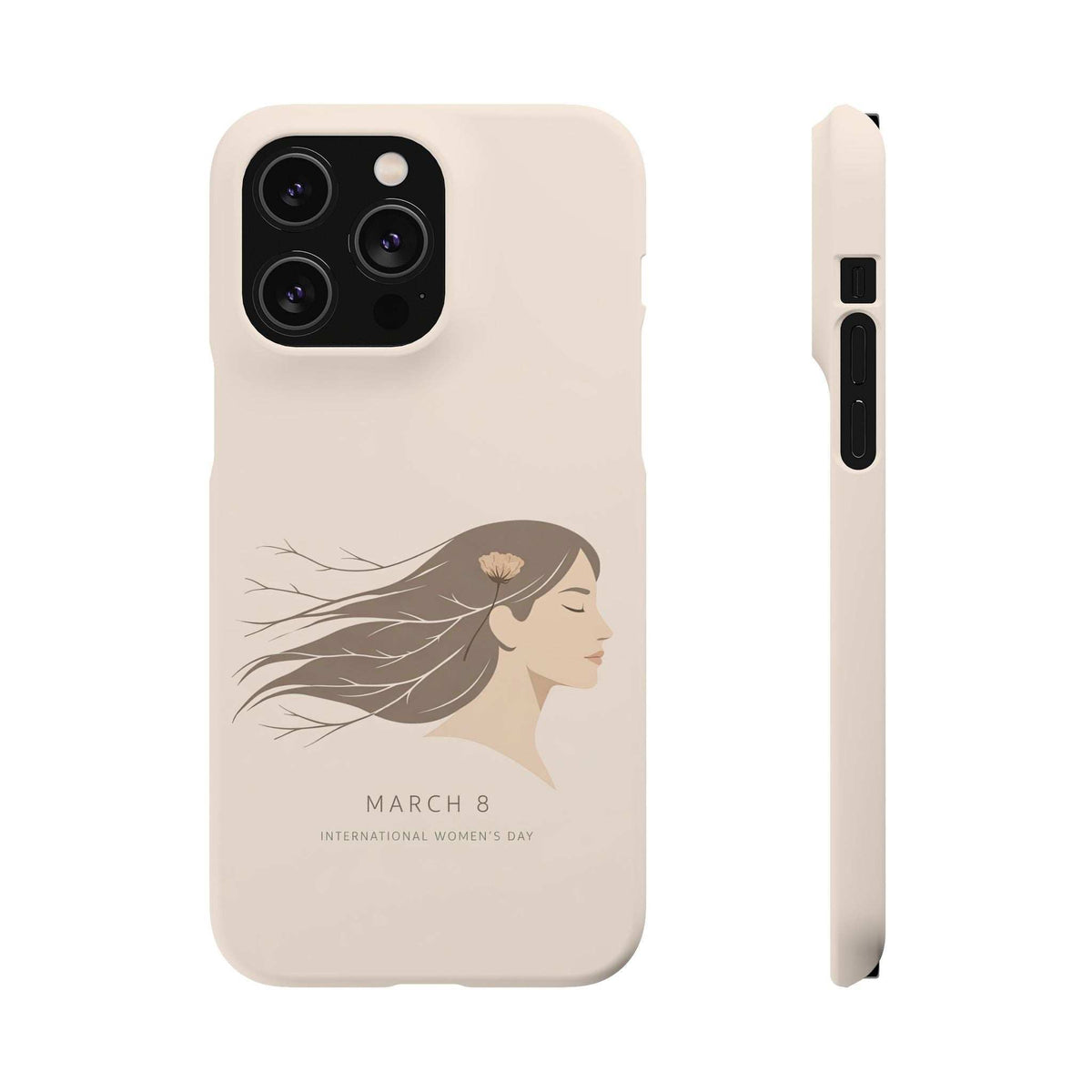 Light pink phone case with side view, “March 8” profile illustration and flower