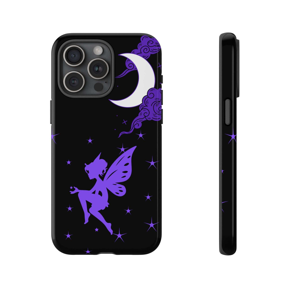 Black phone case with purple fairy, crescent moon, and stars; quad-lens camera cutout, side view.