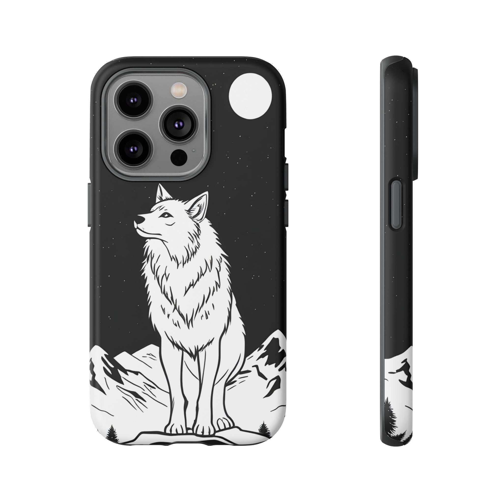 Wolf phone case, dark with white wolf illustration and star speckles; slim profile shown