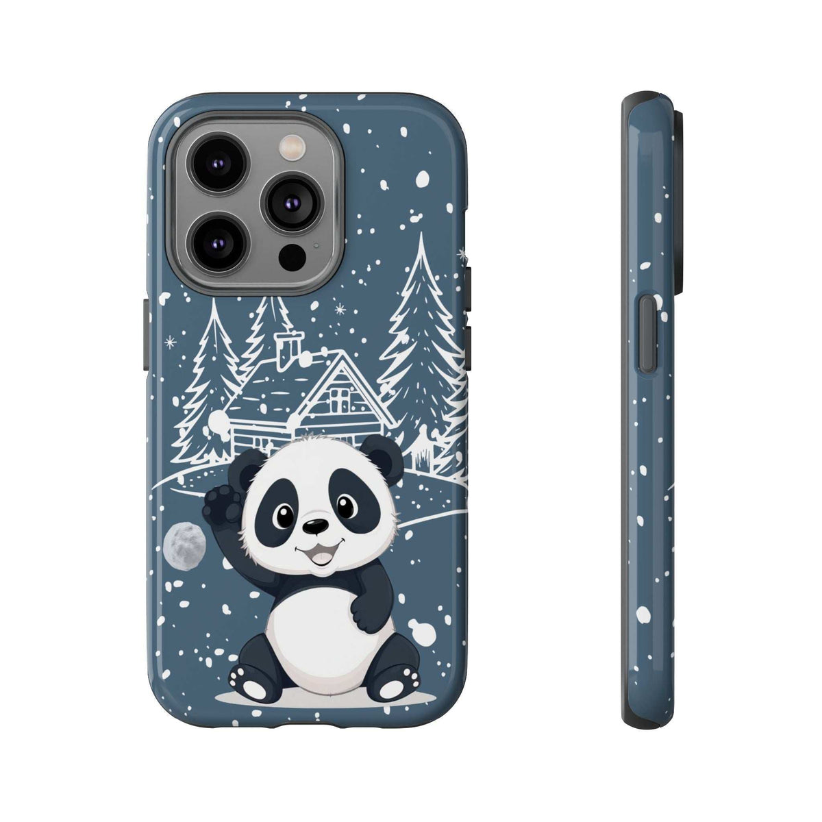 Dark blue panda winter phone case with snowy cabin, pine trees, and star-like specks