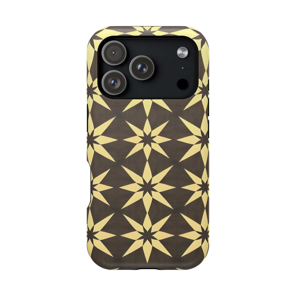 Phone case back with gold and black star geometric pattern, camera lenses and side flash dot