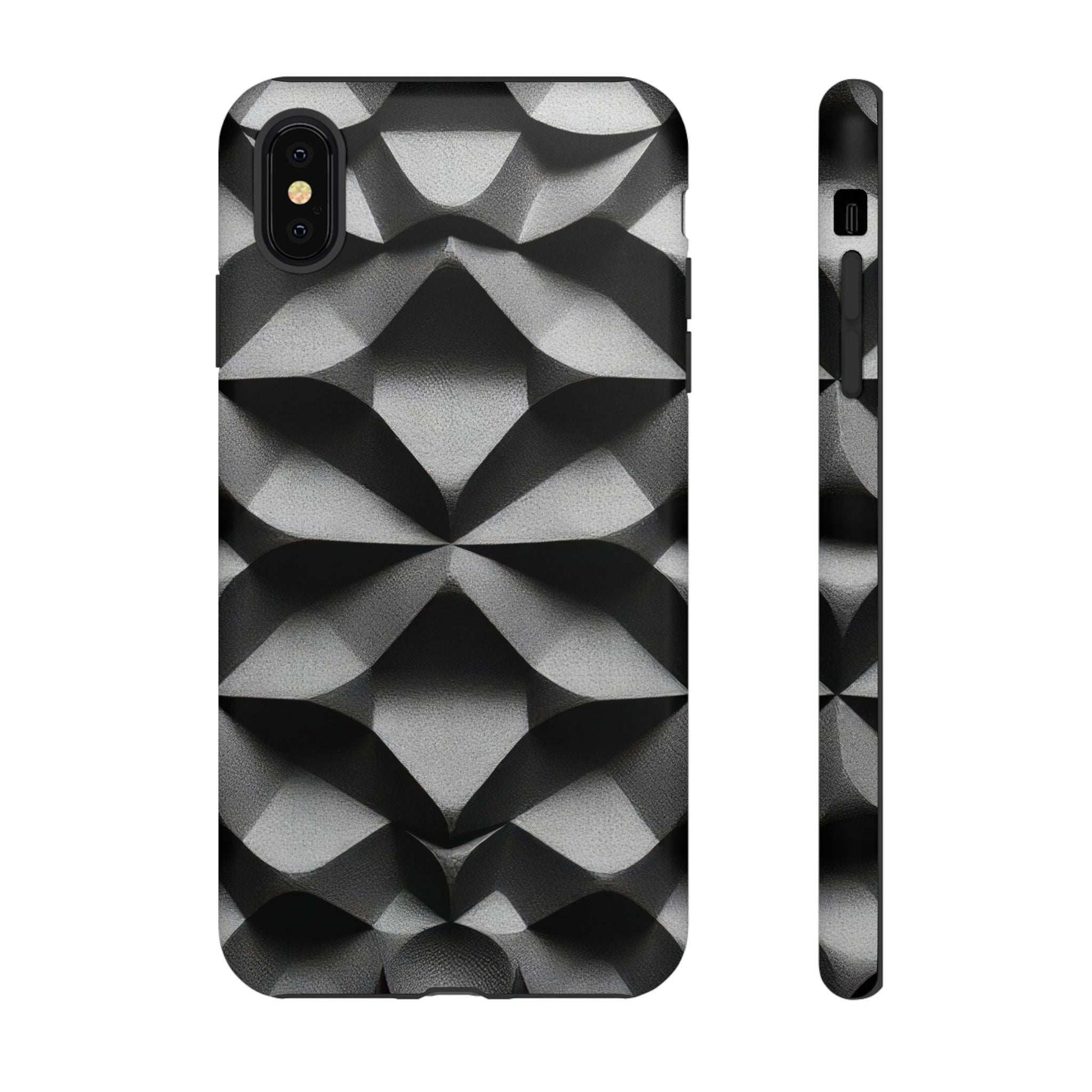 Tough phone case with black and silver geometric diamond pattern, front view with cutouts