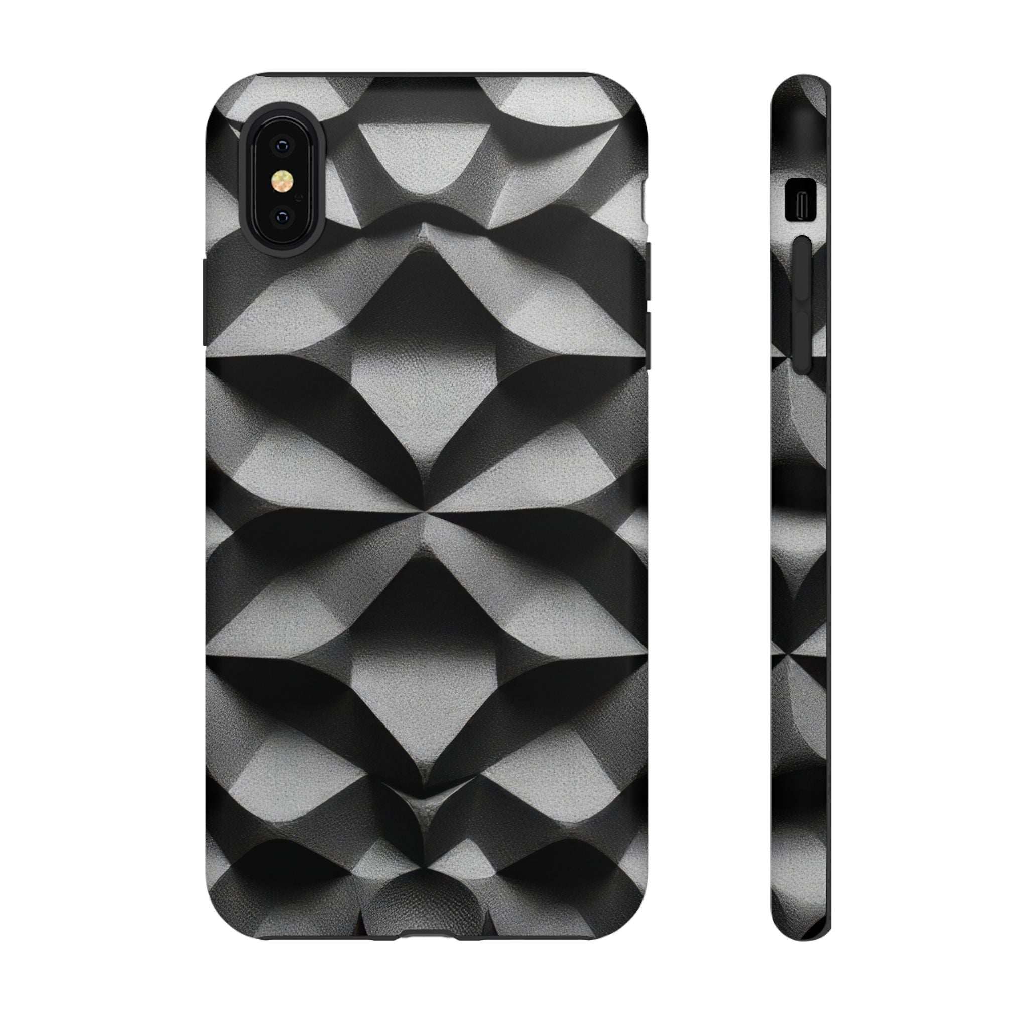 Tough phone case with black and silver geometric diamond pattern, front view with cutouts