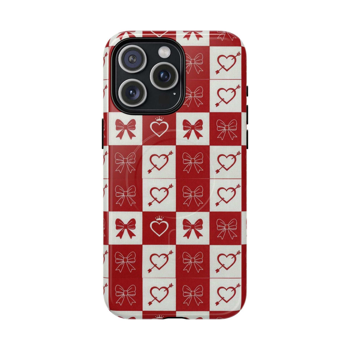 Red and white checkered phone case with hearts and bow icons, camera cutout alignment