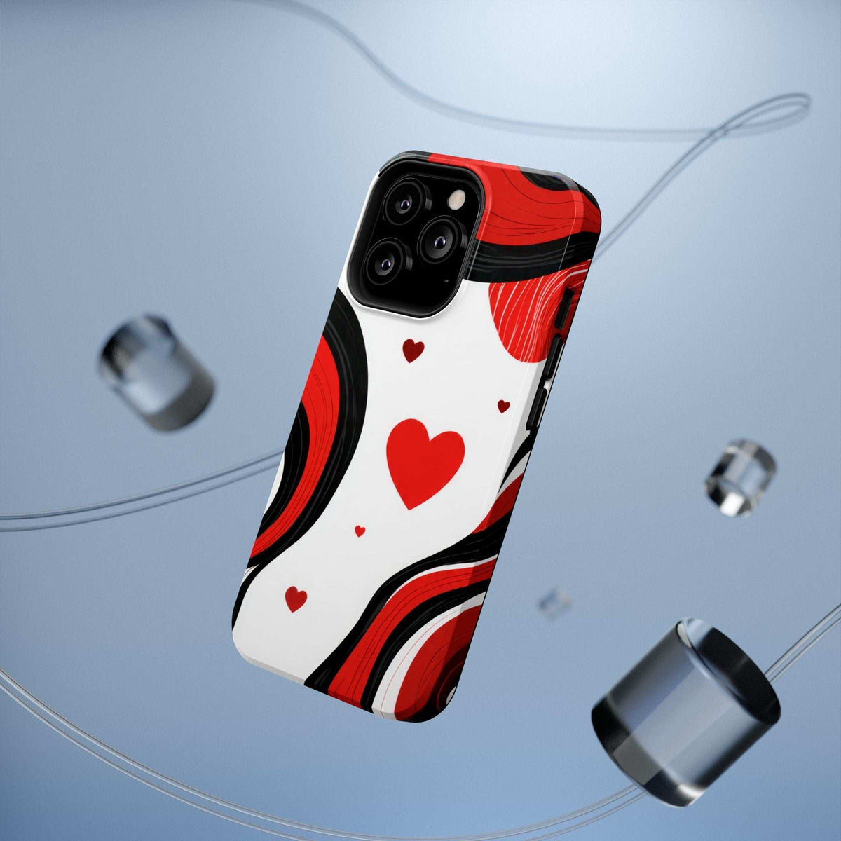 Back view phone case with red hearts and curved waves on white; dual camera cutouts