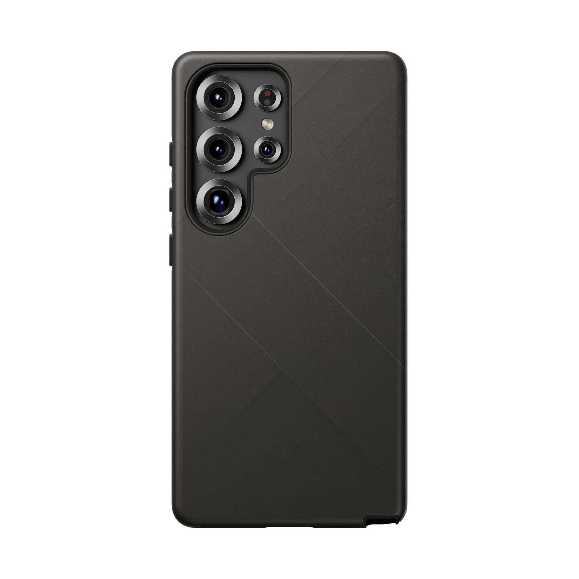 Matte black phone case with diagonal line pattern and multi-camera cutouts, back view