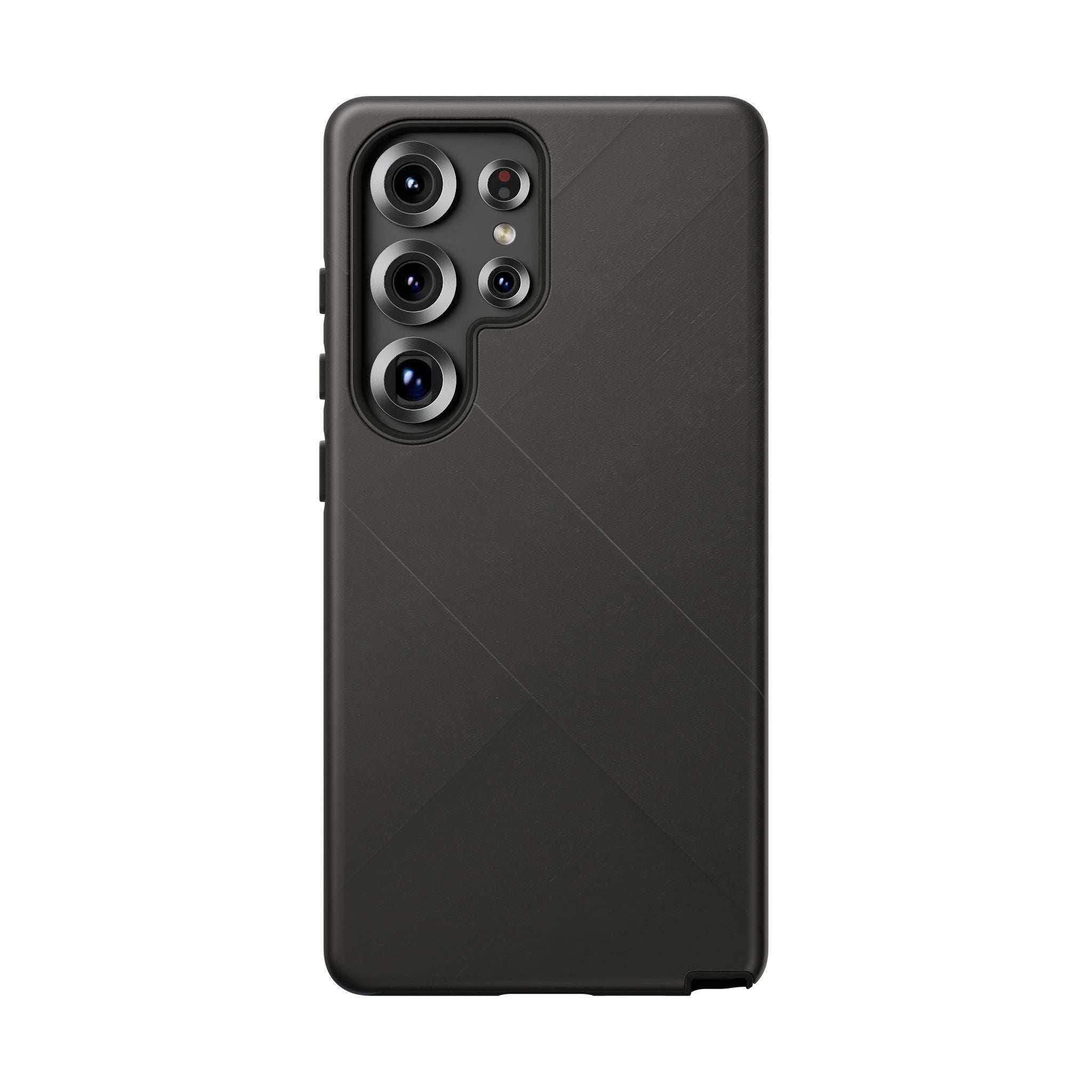 Matte black phone case with diagonal line pattern and multi-camera cutouts, back view