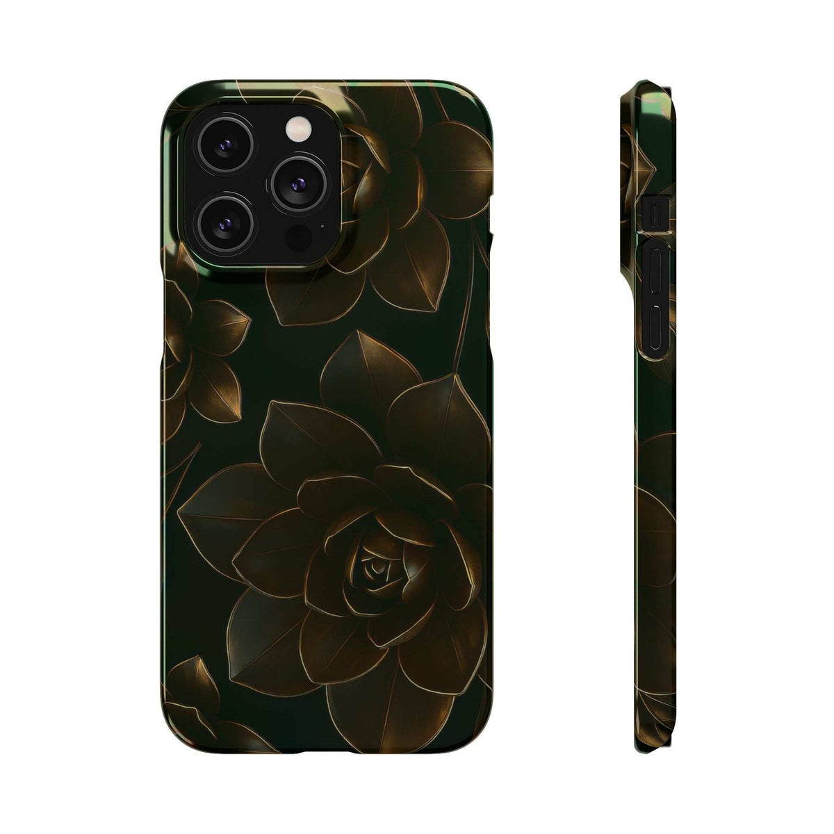 Glossy black phone case with gold rose and leaf metal-flower pattern, back and side angles