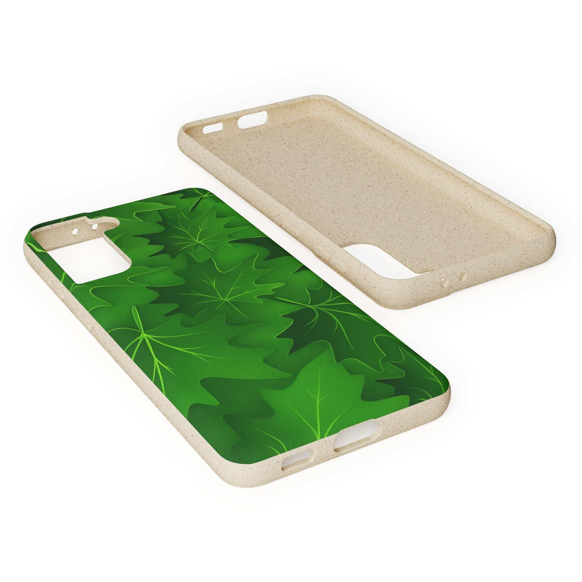 Green leaf phone case with beige protective frame, front and back shown