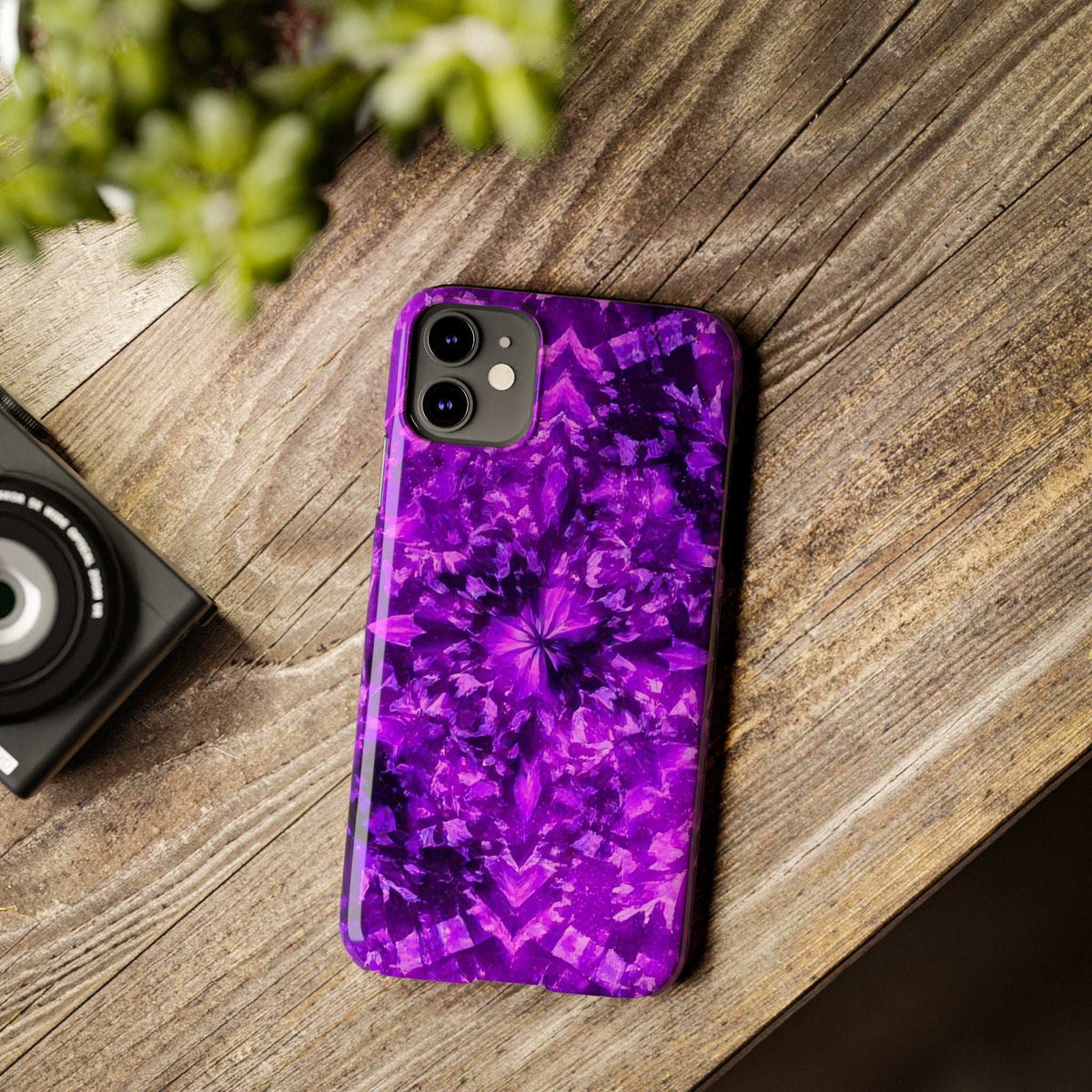 Purple kaleidoscope phone case with raised camera protection and cutouts