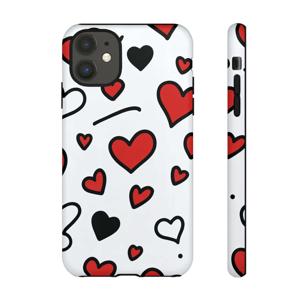 White phone case front and side with scattered hearts design and access to camera and ports
