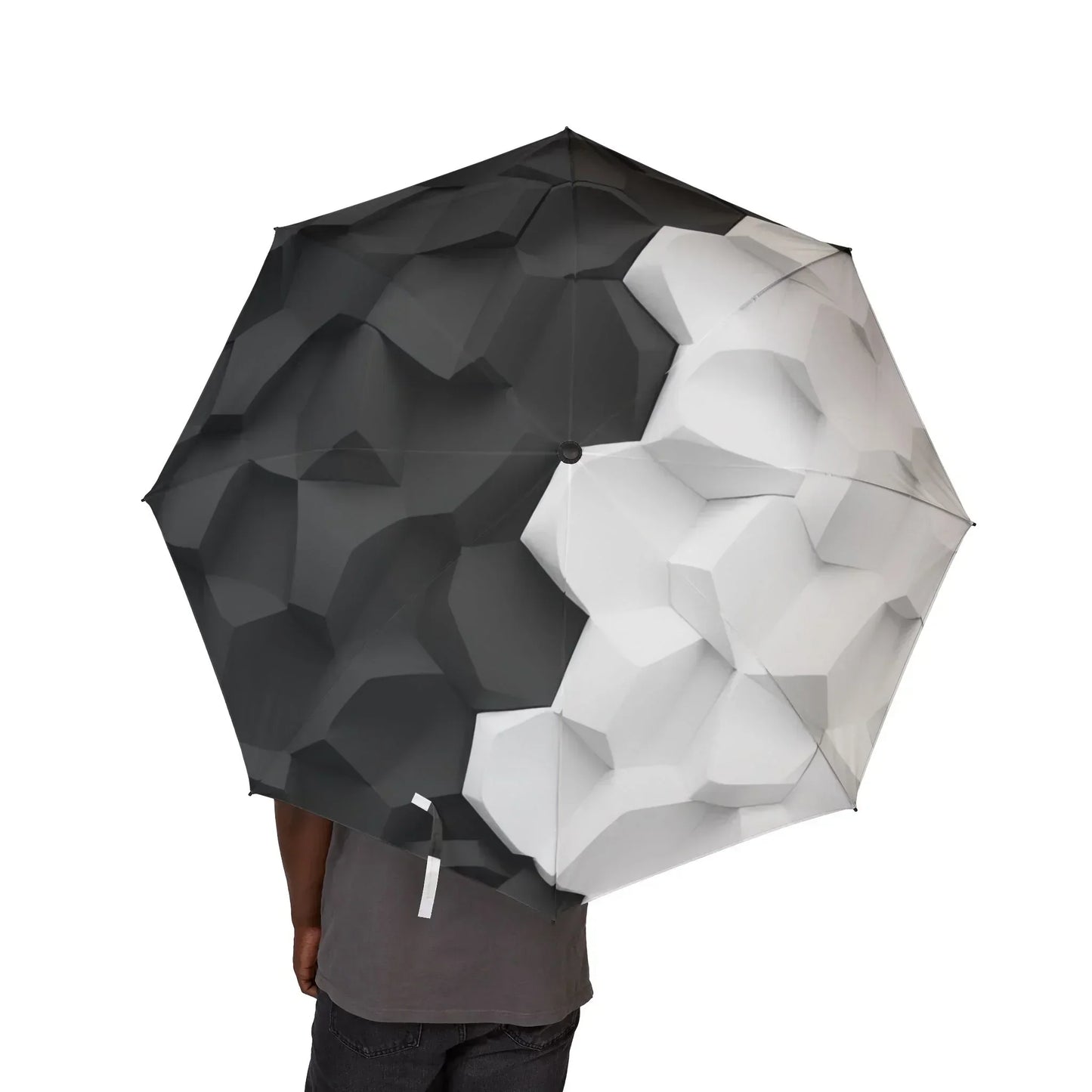 Black and White Geometric Pattern Semi-Automatic Umbrella – Stylish Rain Protection - KarArmDesign