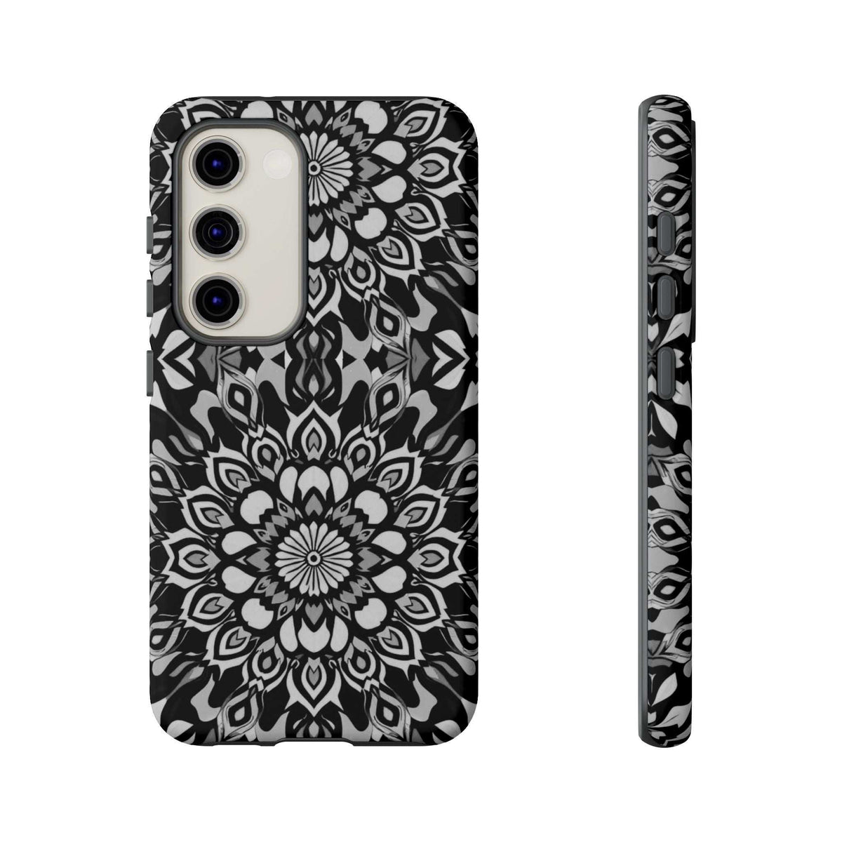 Mandala phone case with black-and-white floral mandala design, side view and camera cutouts