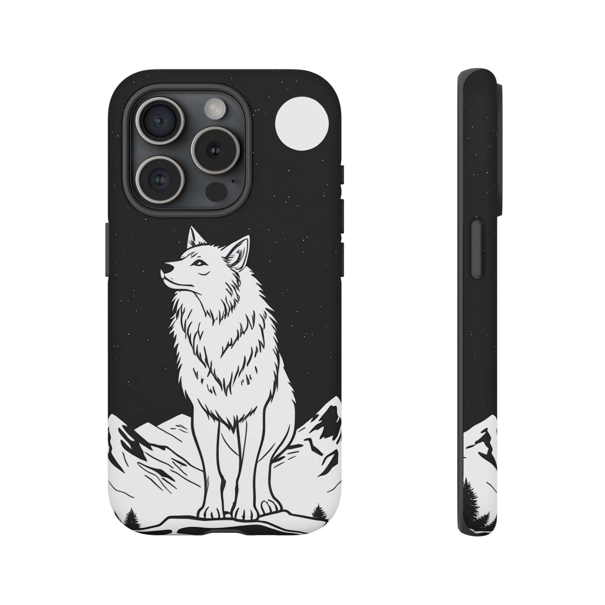 Black phone case with white wolf graphic, starry speckles, camera cutouts and raised rim