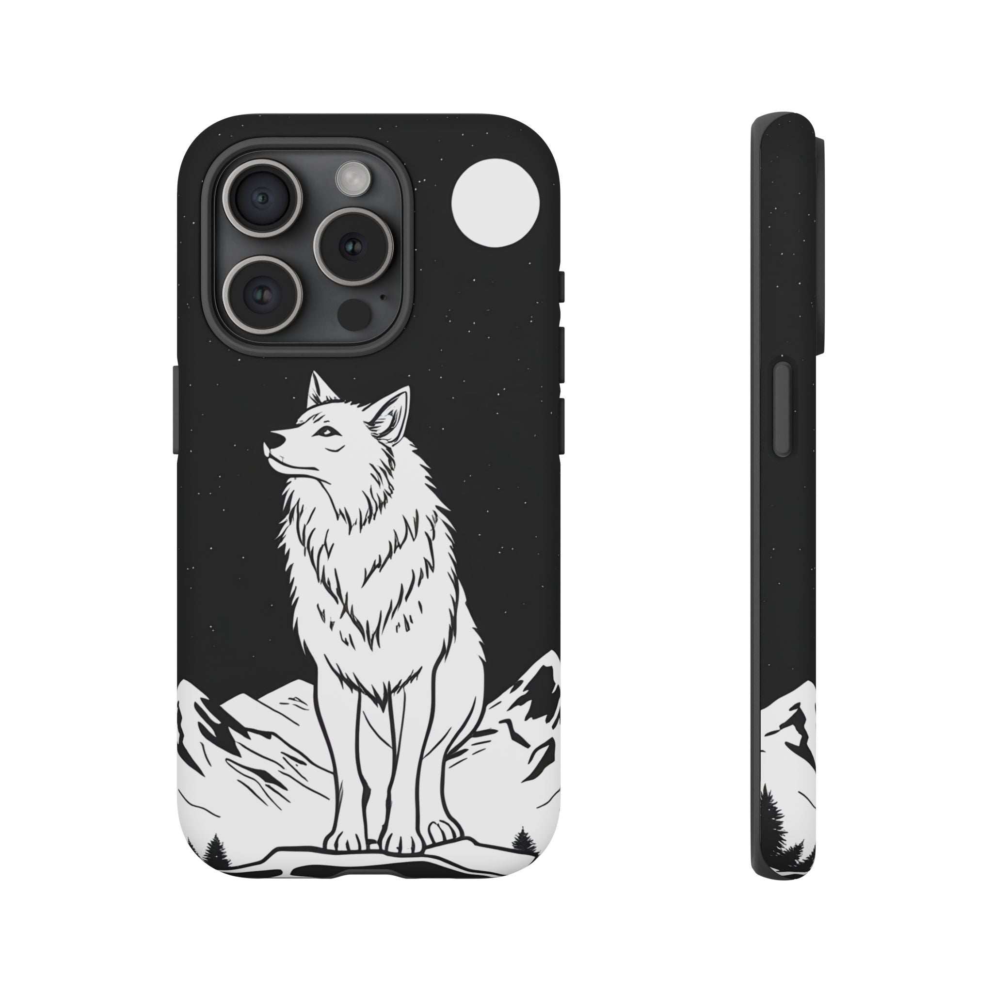 Black phone case with white wolf graphic, starry speckles, camera cutouts and raised rim