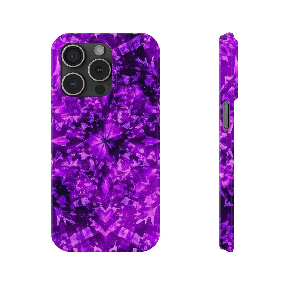 Purple kaleidoscope phone case with starburst design; camera cutouts and side view