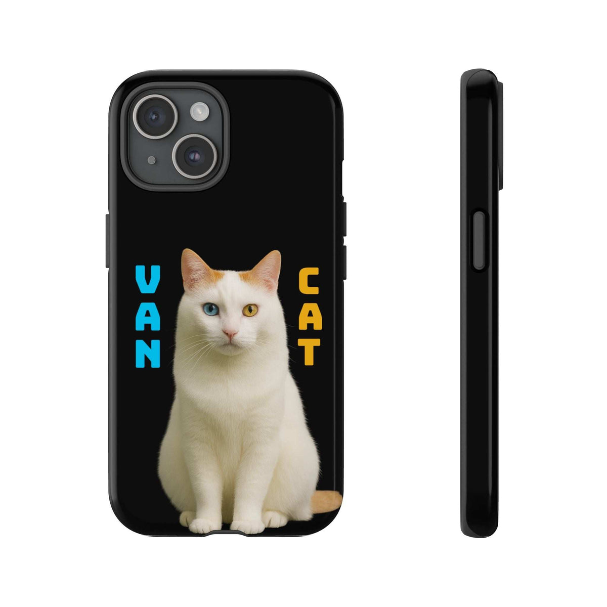 Black glossy phone case with cat portrait graphic and raised camera bezel