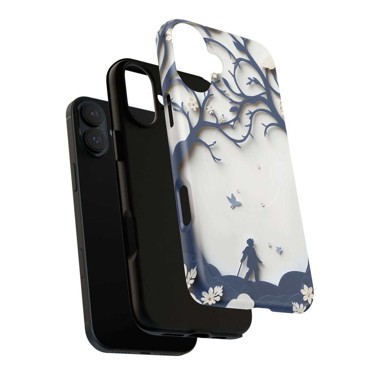 Nature silhouette phone case for iPhone 13-17 with standing silhouette figure in blue