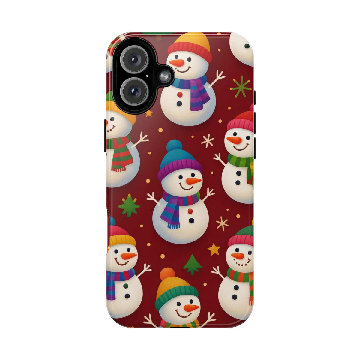 Glossy phone case front with maroon snowman design, visible camera module and winter character faces.