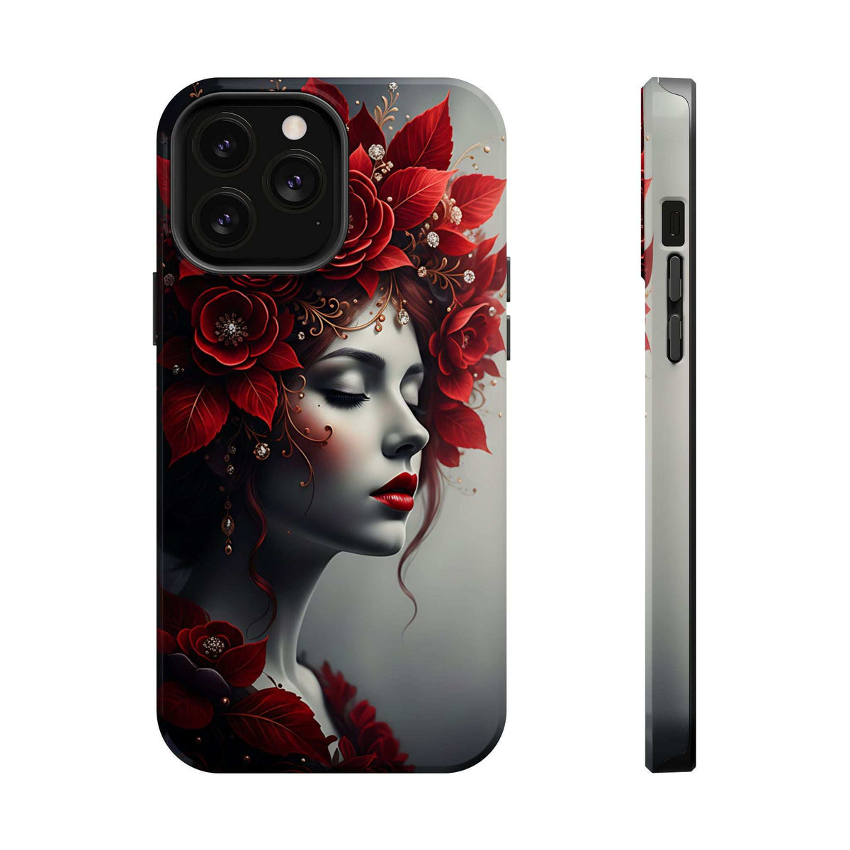 Phone case with red flower portrait woman, black camera cutouts, thin side profile