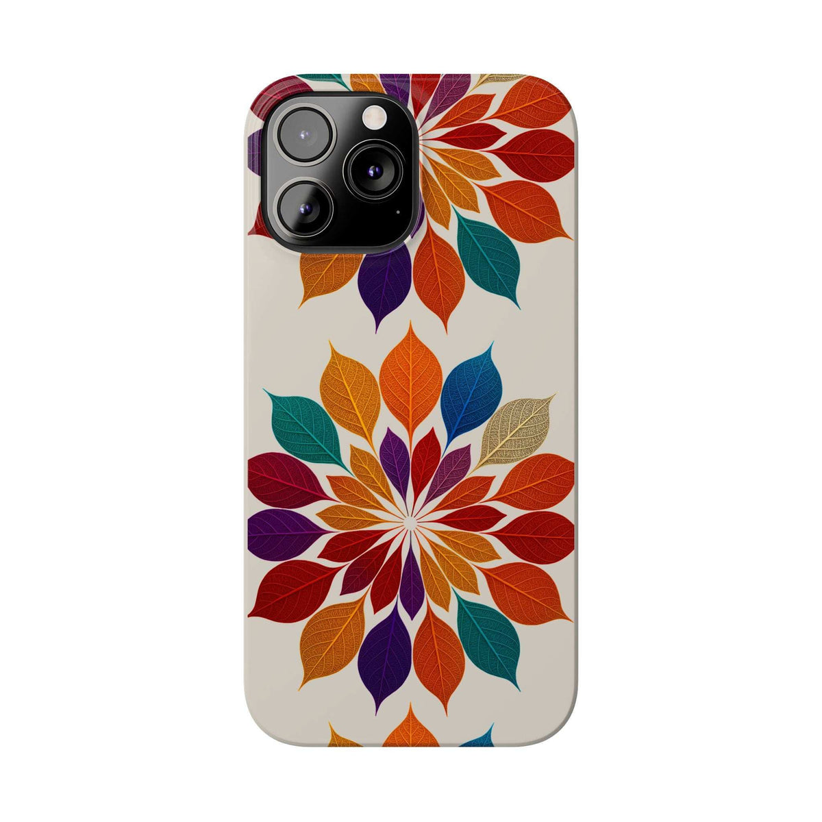 Leaf mandala phone case with multicolor leaves and centered floral burst design