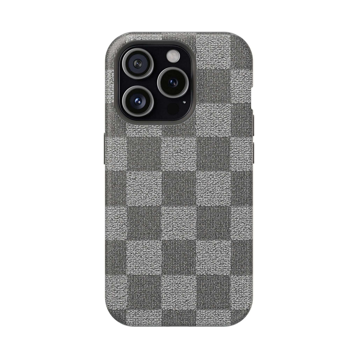 Gray checkered phone case front view with black camera plate and button cutouts