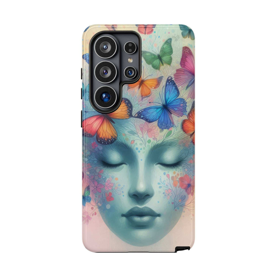Phone case with colorful butterfly face artwork and raised camera cutouts