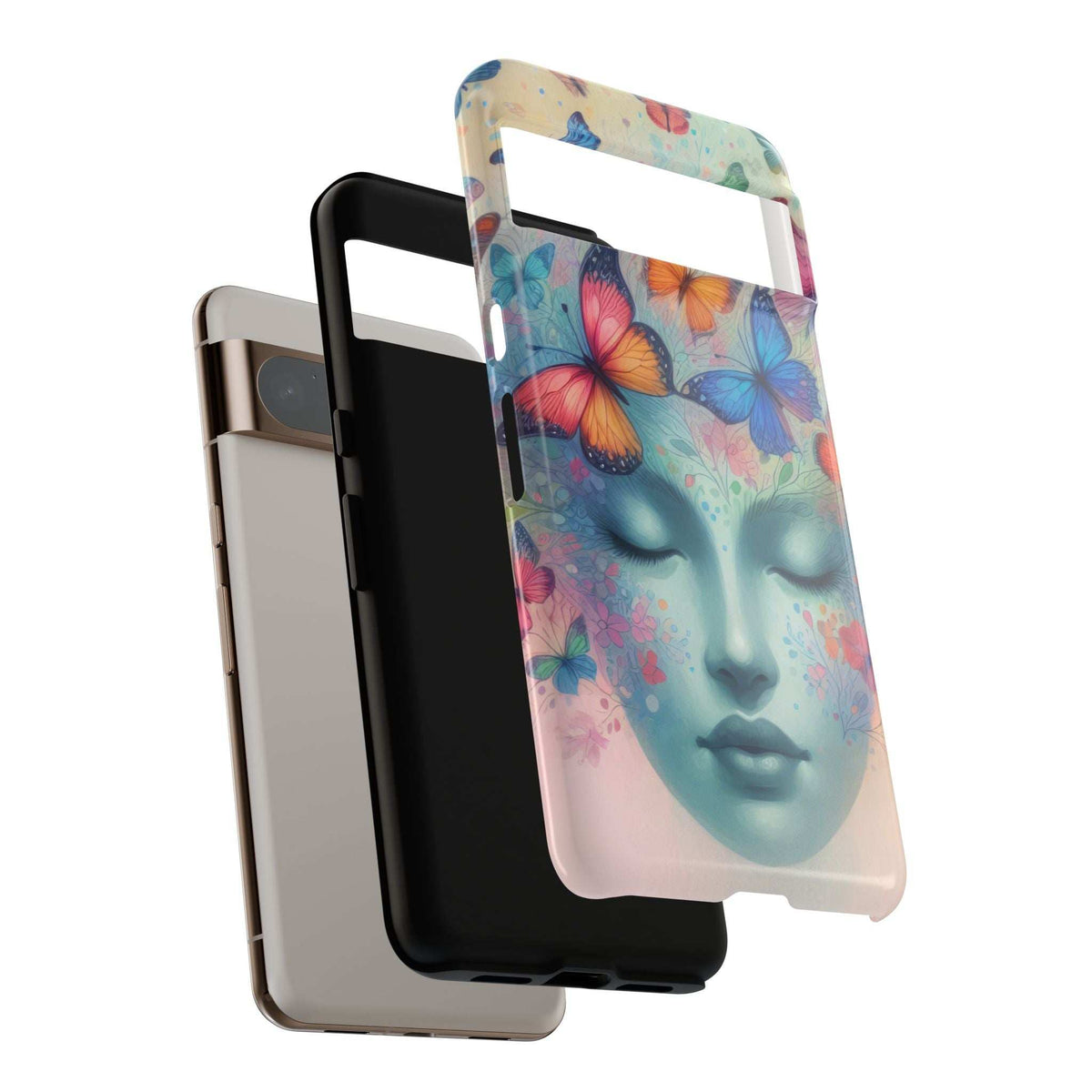 Phone case with butterfly-face design, side-by-side stacked phones showing thickness and fit.