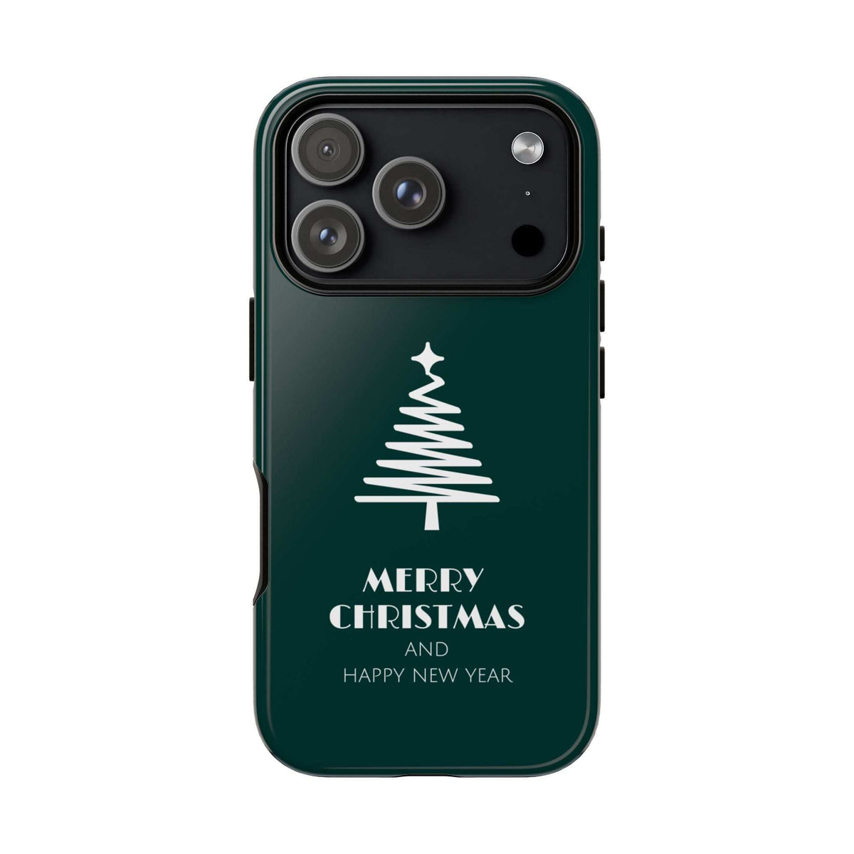 Green phone case with Christmas tree graphic, Merry Christmas and Happy New Year text