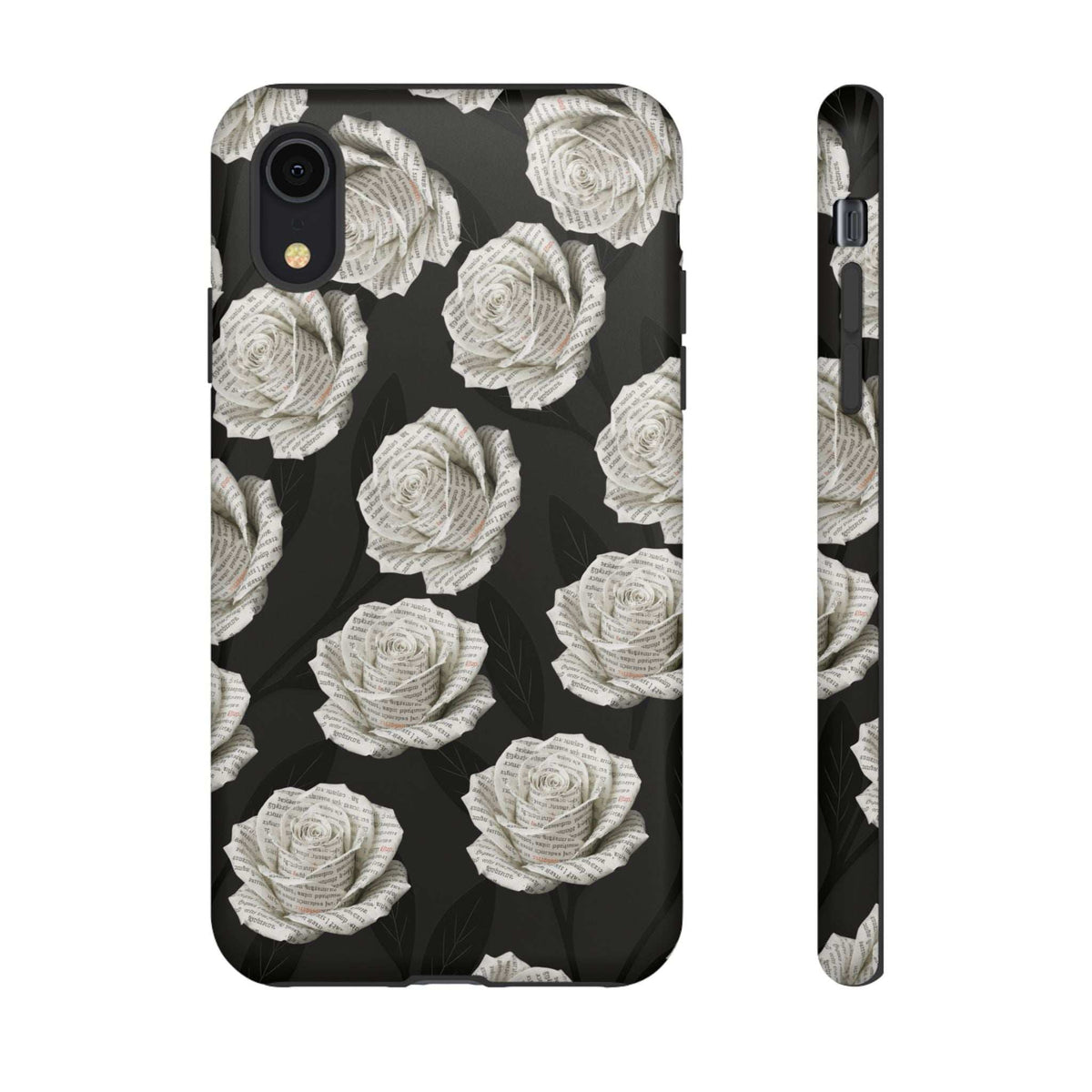 Black rose-pattern phone case with camera cutout and side buttons, curved protective corners