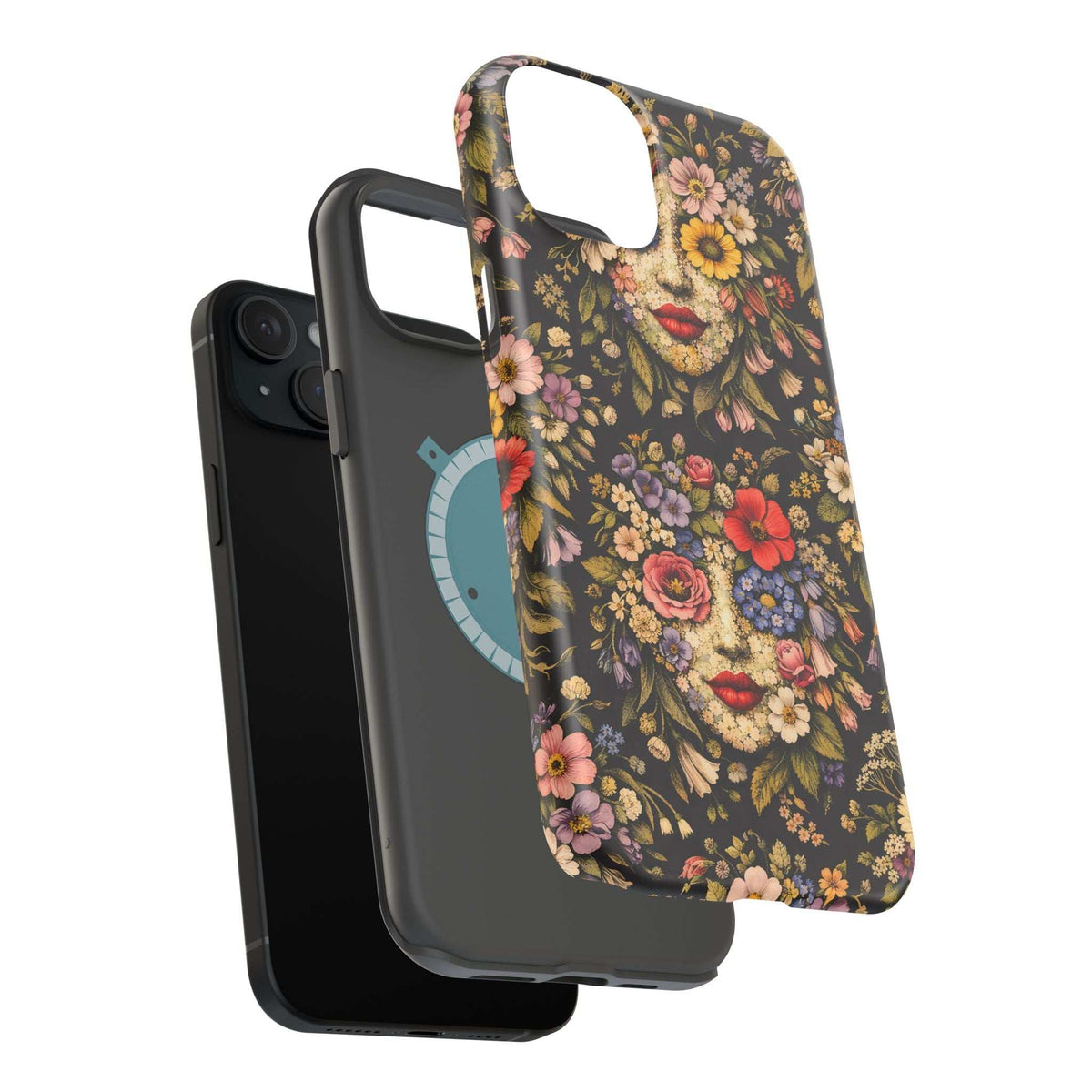 Slim phone case featuring vintage woman face with flowers on dark background