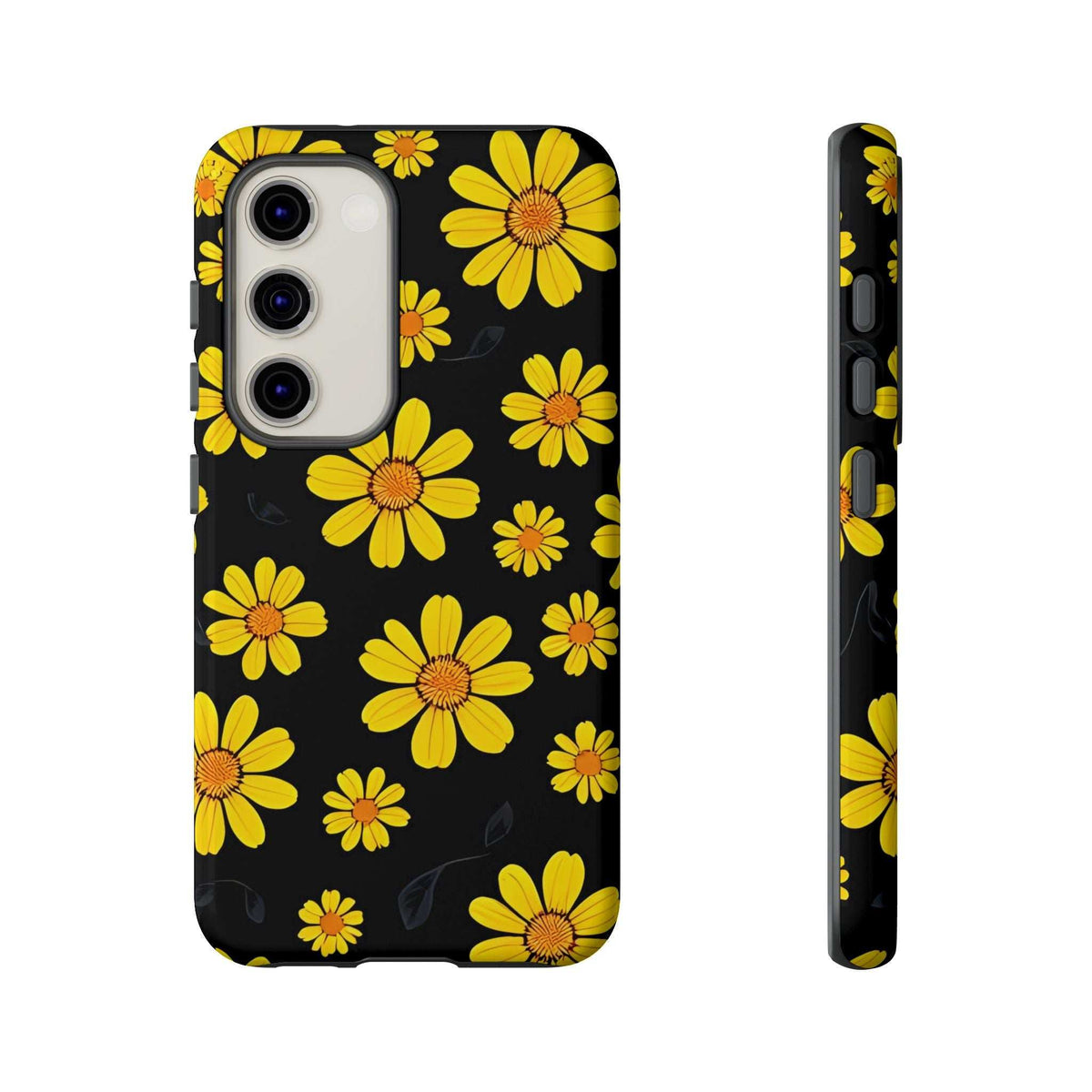 Black phone case with yellow daisy pattern; lens openings and tactile side buttons