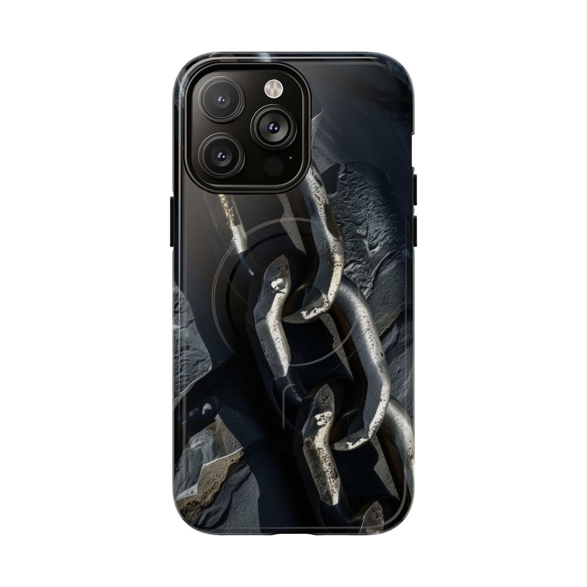 Black magnetic phone case featuring iron chain graphic and protective camera bump