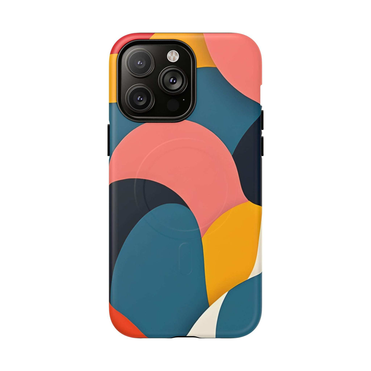 Colorful abstract iPhone phone case with coral curve, teal panel, yellow block, and triple camera cutout