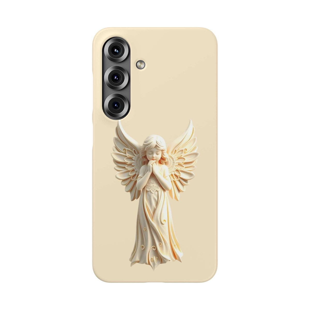 Cream phone case with raised angel figure in wings, single left camera cutout