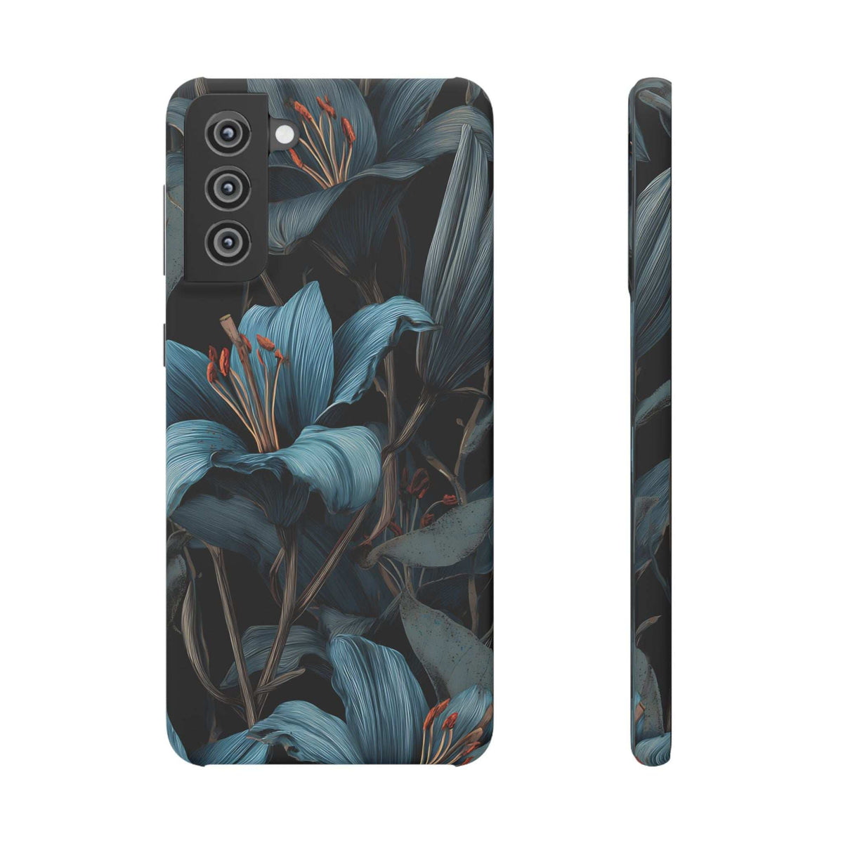 Floral phone case with teal foliage artwork and side buttons cutout along the edge