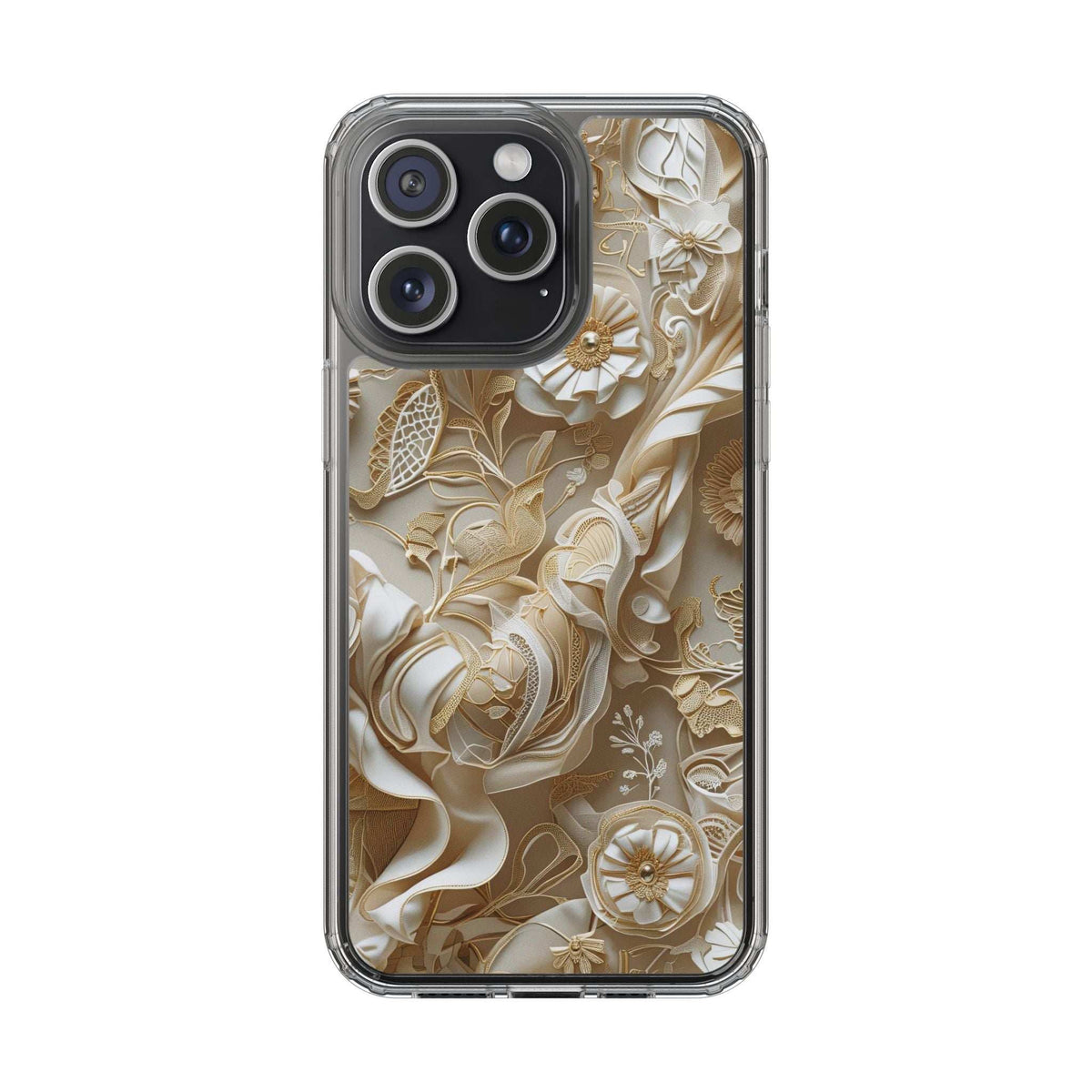 Clear phone case with gold-and-cream floral pattern and triple-lens camera cutout