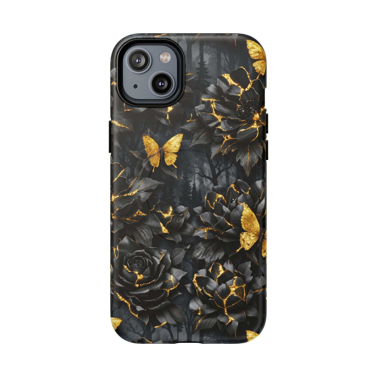 Phone case with dark garden collage of roses and leaves, gold kintsugi lines