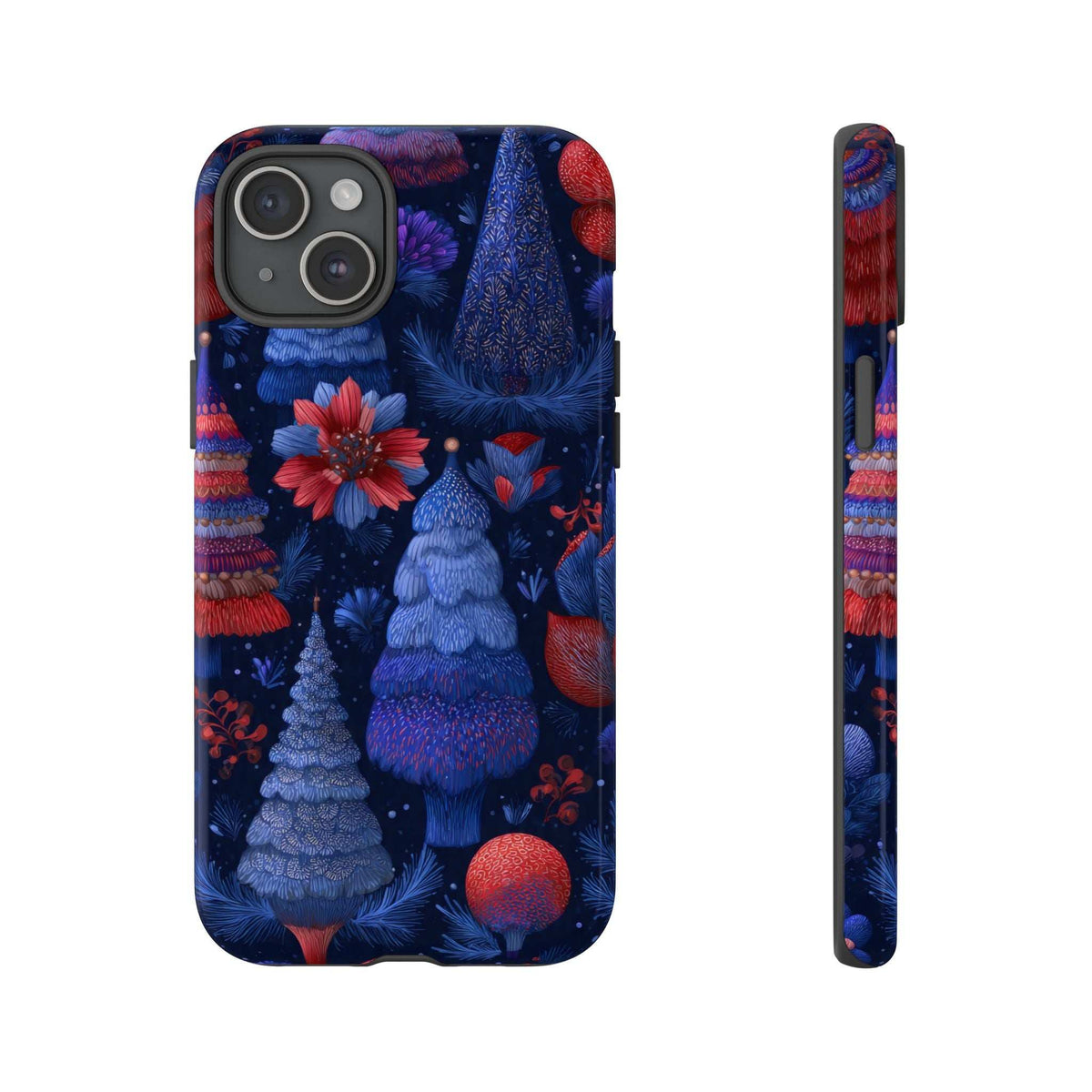 Phone case in dark blue with winter forest scene, red flowers, and berries
