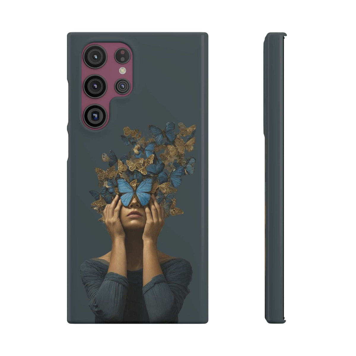 Dark gray phone case with butterfly woman artwork; camera rings with colored accents.