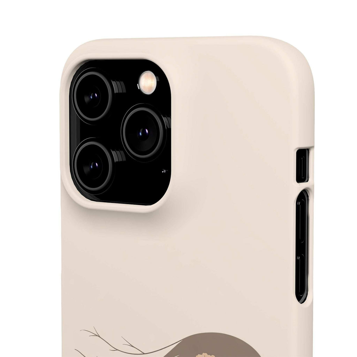 Light cream phone case with dual camera cutout and flower silhouette near bottom