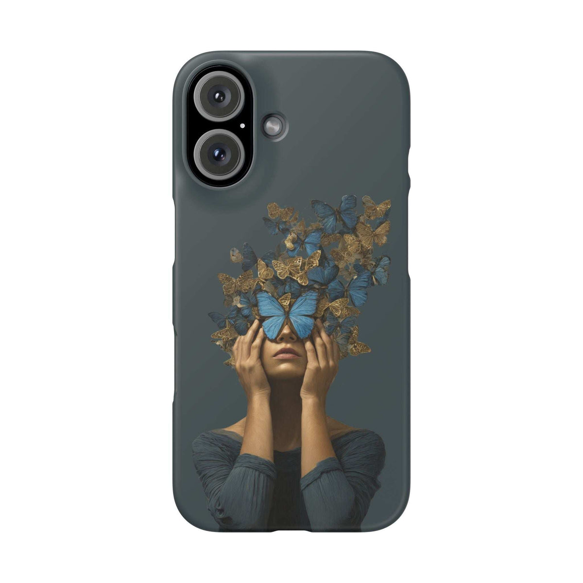 Dark gray phone case with blue-and-gold butterfly crown portrait; camera cutouts on back.