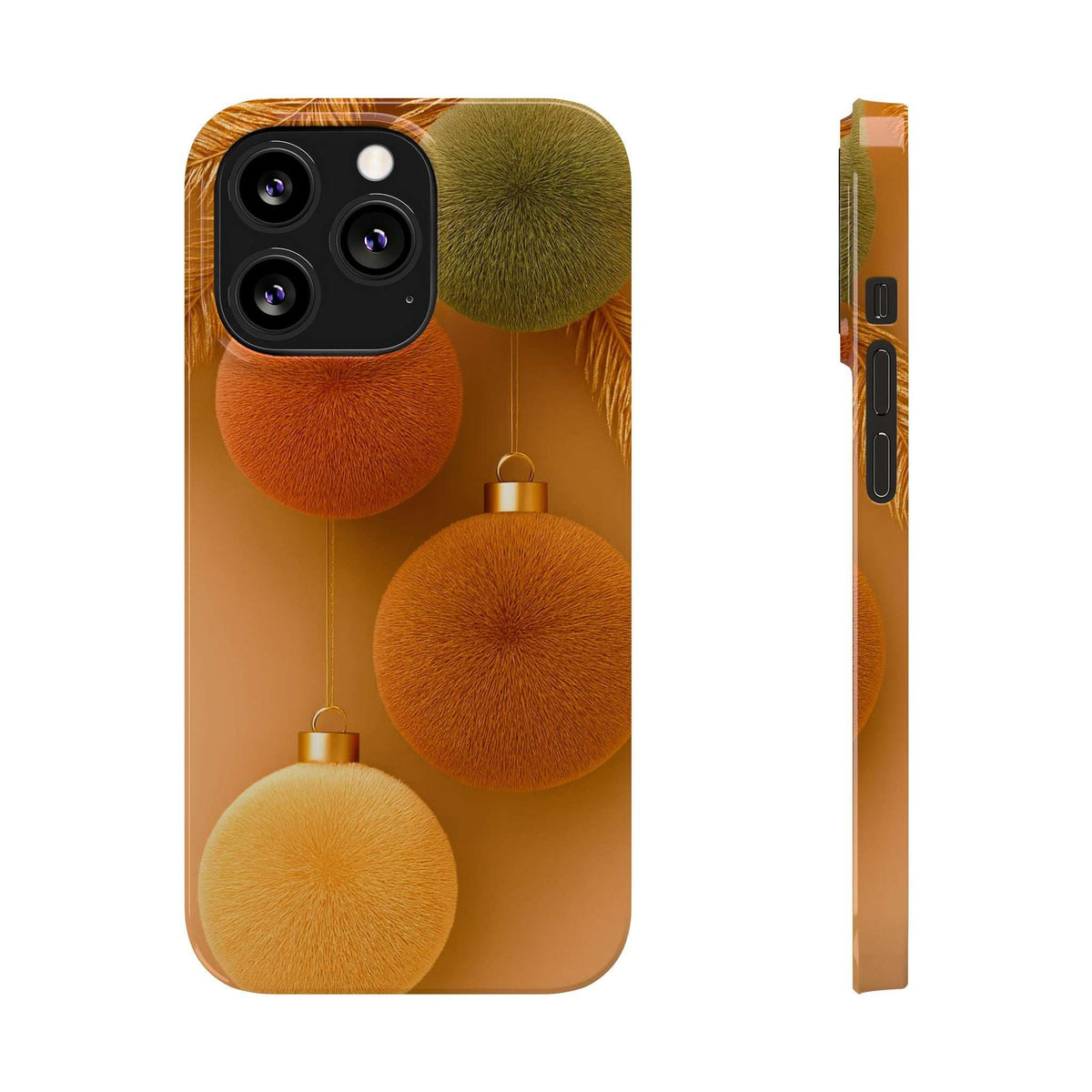 Phone case with orange pom-pom ornaments and green top accent; camera cutout and side buttons.