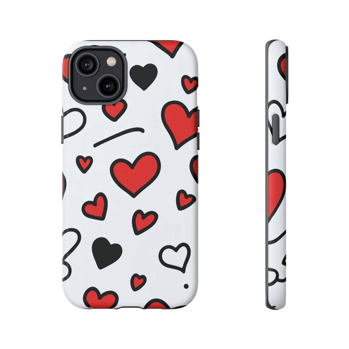 White phone case with scattered red and black hearts pattern, raised triple-camera cutout