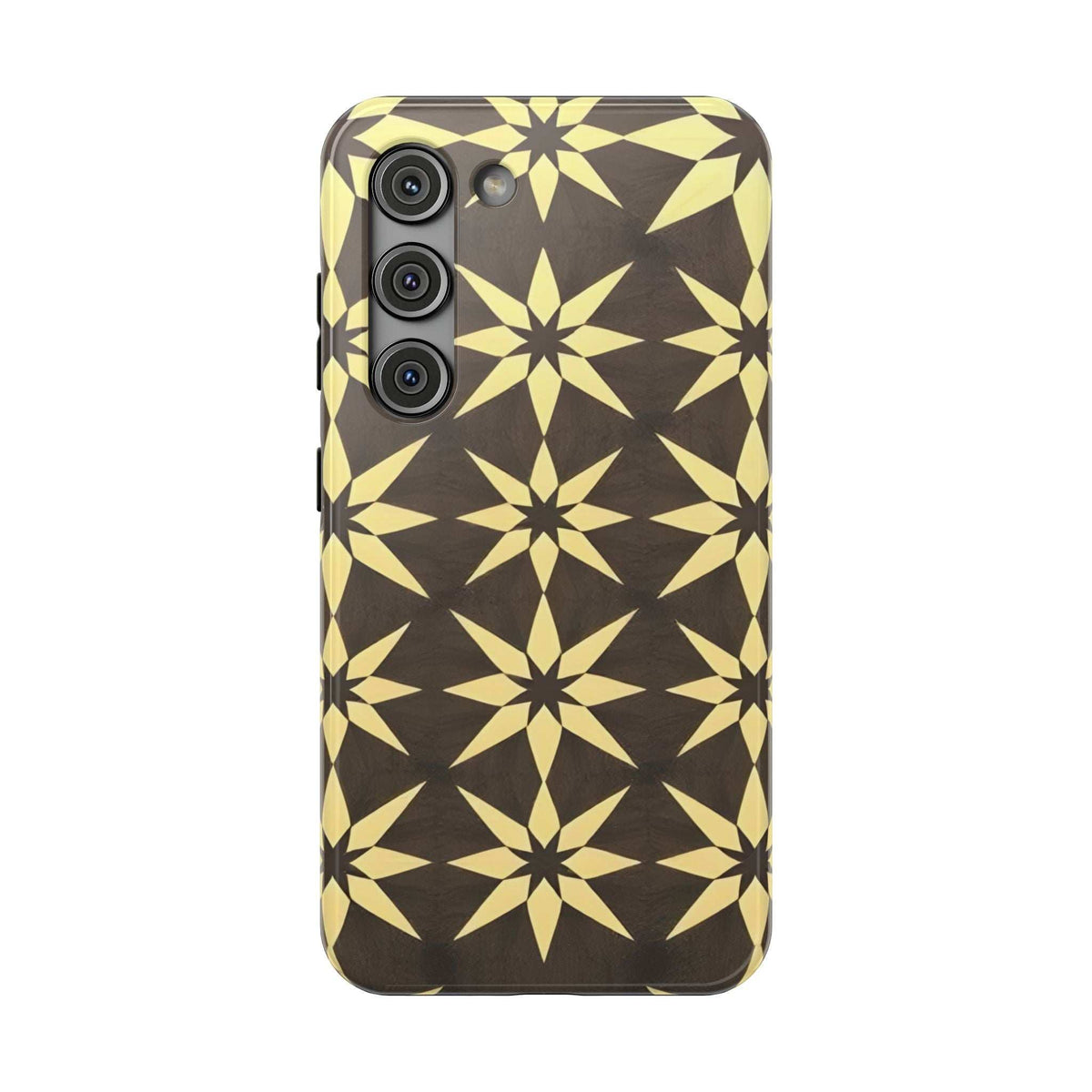 Phone case with geometric star pattern in black and gold; camera cutouts along top left.