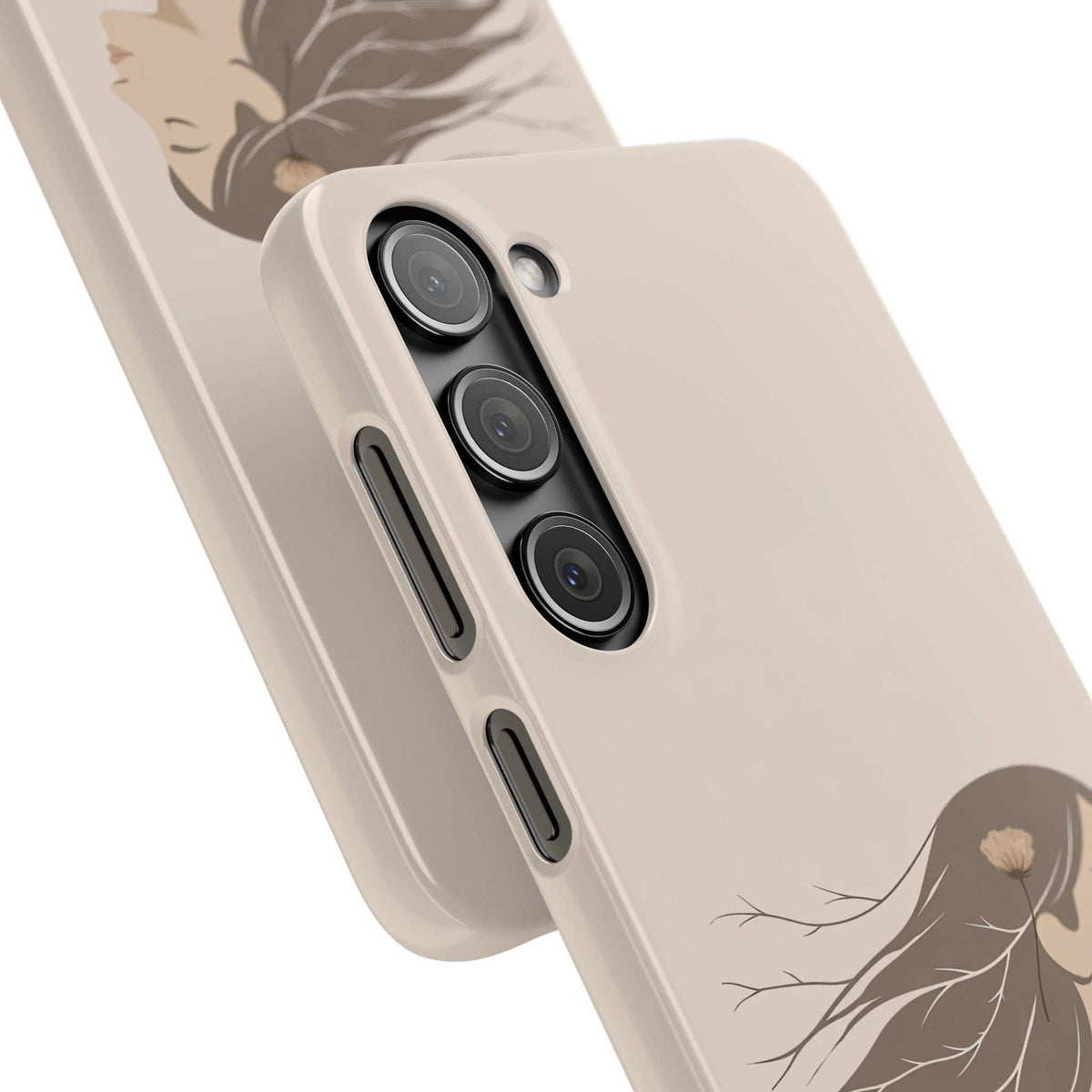 Cream phone case with woman and flower illustration; visible camera lenses and side slots