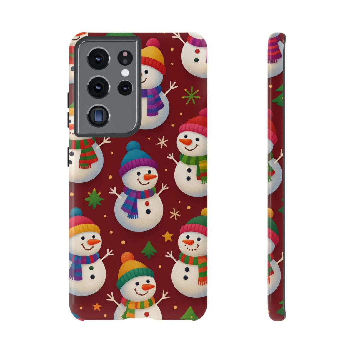 Glossy phone case back with large dark camera bump and festive snowmen parade print