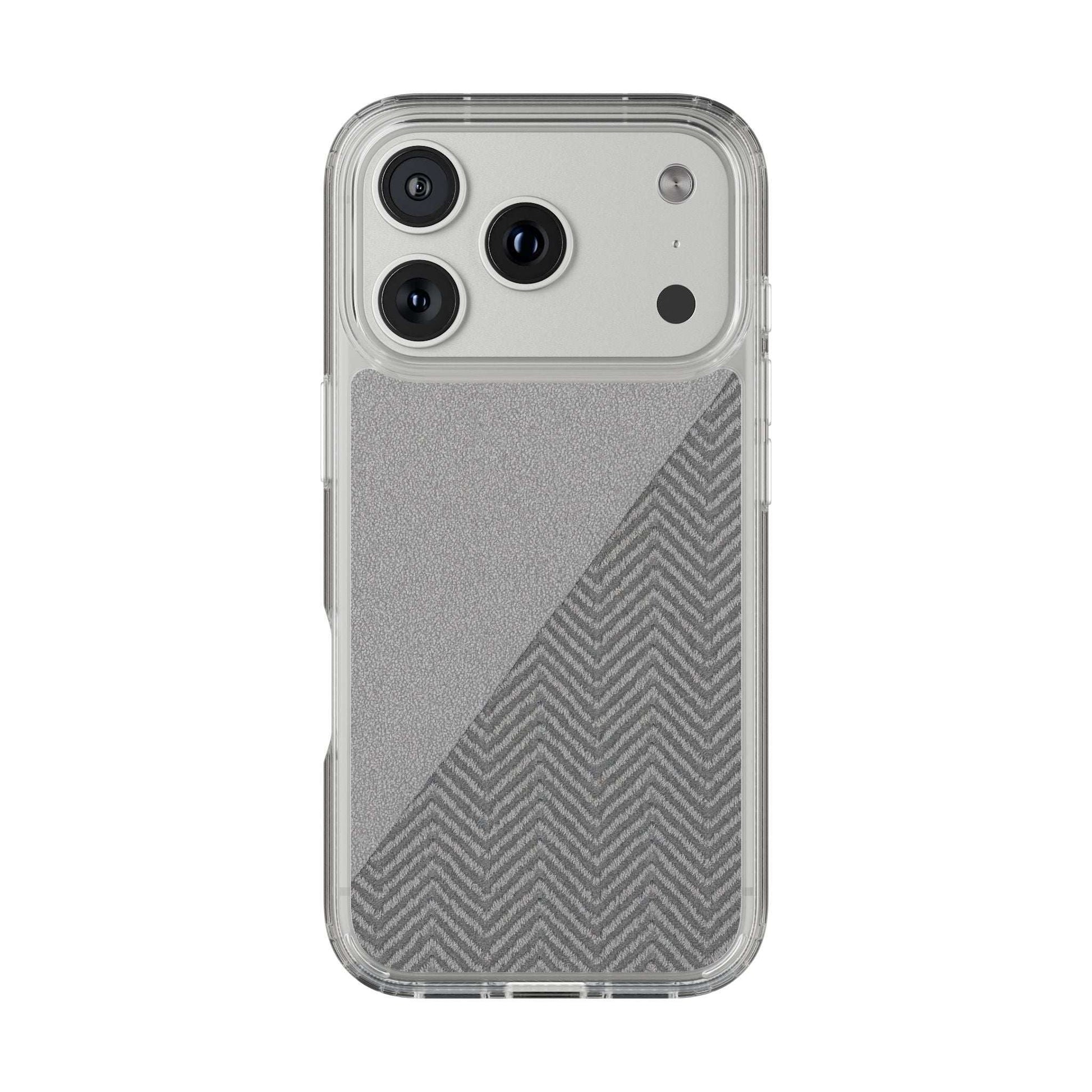Clear-edged dark herringbone tough phone case with speckled gray back and camera openings